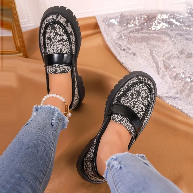 2024 Womens Autumn New Style Fashion Round Toe Shallow Mouth Slip-on Womens Flat Shoes Casual Thick Bottom Office Womens Loafers