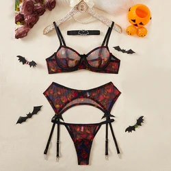 Sexy Lingerie Set 4 Pcs Ultra Thin Bra Sets Skull Print Mesh Underwear Women See-Through Sexy Push Up Lingerie Fantasy Clothing