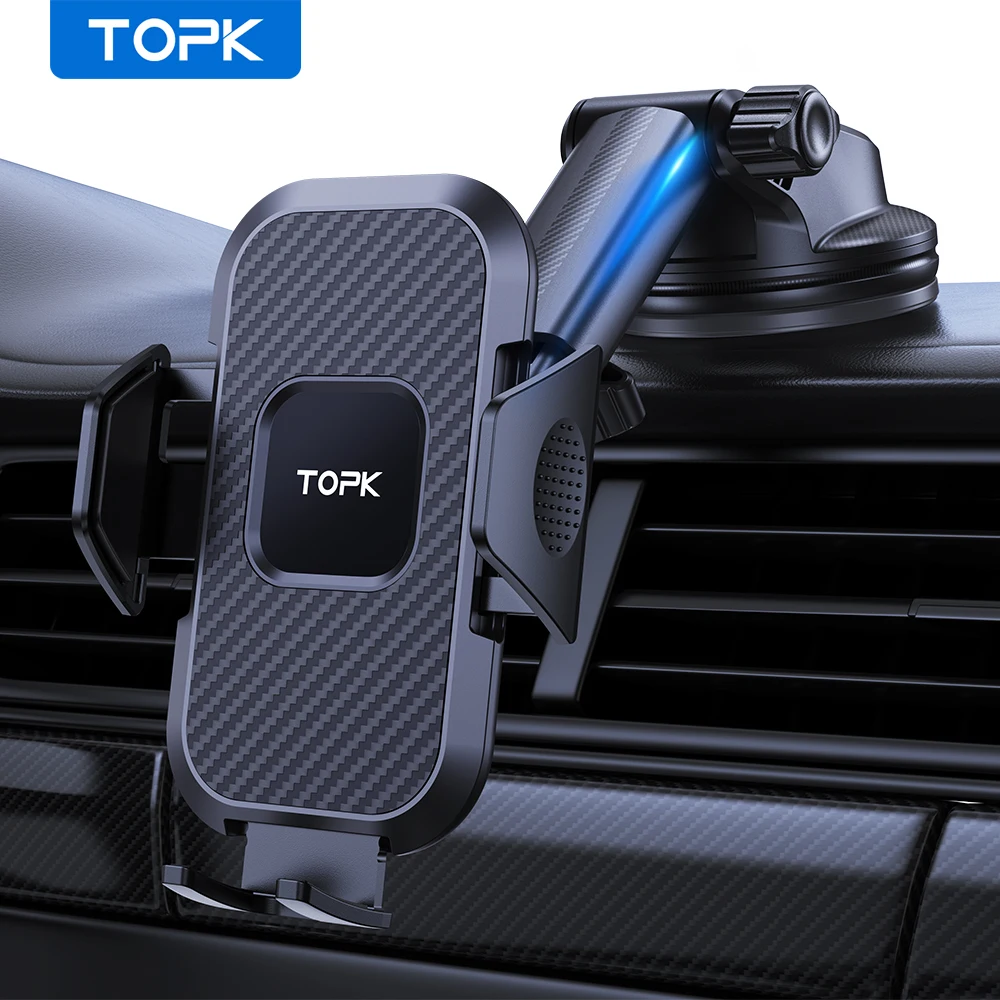 حامل هاتف Topk للسيارة ، تثبيت فائق الثبات ، دوران بزاوية ، زر واحد ، لهواتف iphone و samsam و google