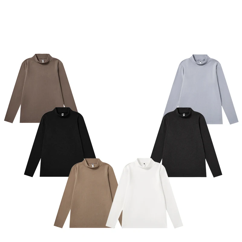 Pop Men's Mid-Neck Long Sleeve Fleece-Lined T-Shirt Thermal Underwear Double-Sided Velvet Brushed Base T Shirt For Autumn And Wi