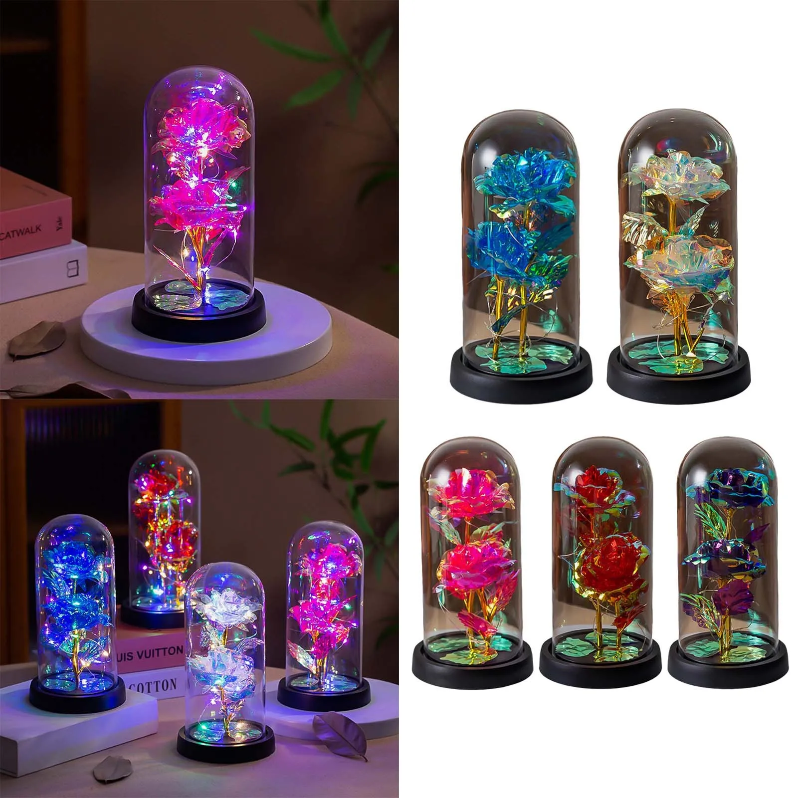 Rose Light Artificial Galaxy Rose Lamp with Butterfly and Colorful LED Rose Flowers In Glass Battery Powered Gifts for Women