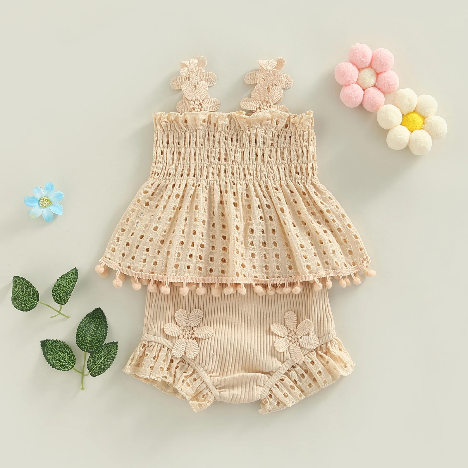 Toddler Baby Girls Summer Outfit Solid Color Cutout Pleated Tank Tops and Stretch Casual Ruffle Shorts 2Pcs Set