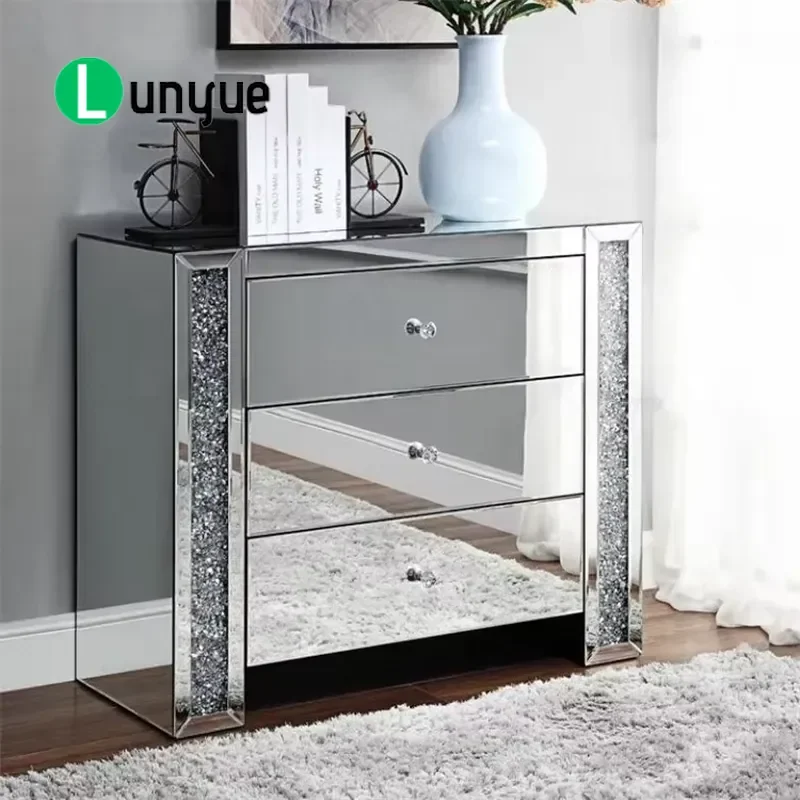 Luxury Silver Wooden Bedside Cabinet with Diamond Mirror Wall Storage Custom Bedroom Furniture High Quality Nightstand Decor