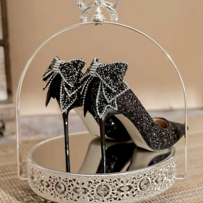 Sexy Butterfly Knot High Heel Pumps Elegant Women's Shoes Pointed Toe Luxury Bling Upper Dress Stiletto Heels Women Wedding Shoe