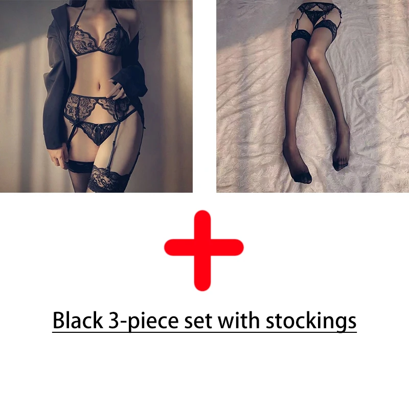 Sexy Lingerie Set Women Lace Transparent Underwear Hollow Out Bra And Brief Garters Set Fantasias Sexy Erotic Costumes Bodysuit