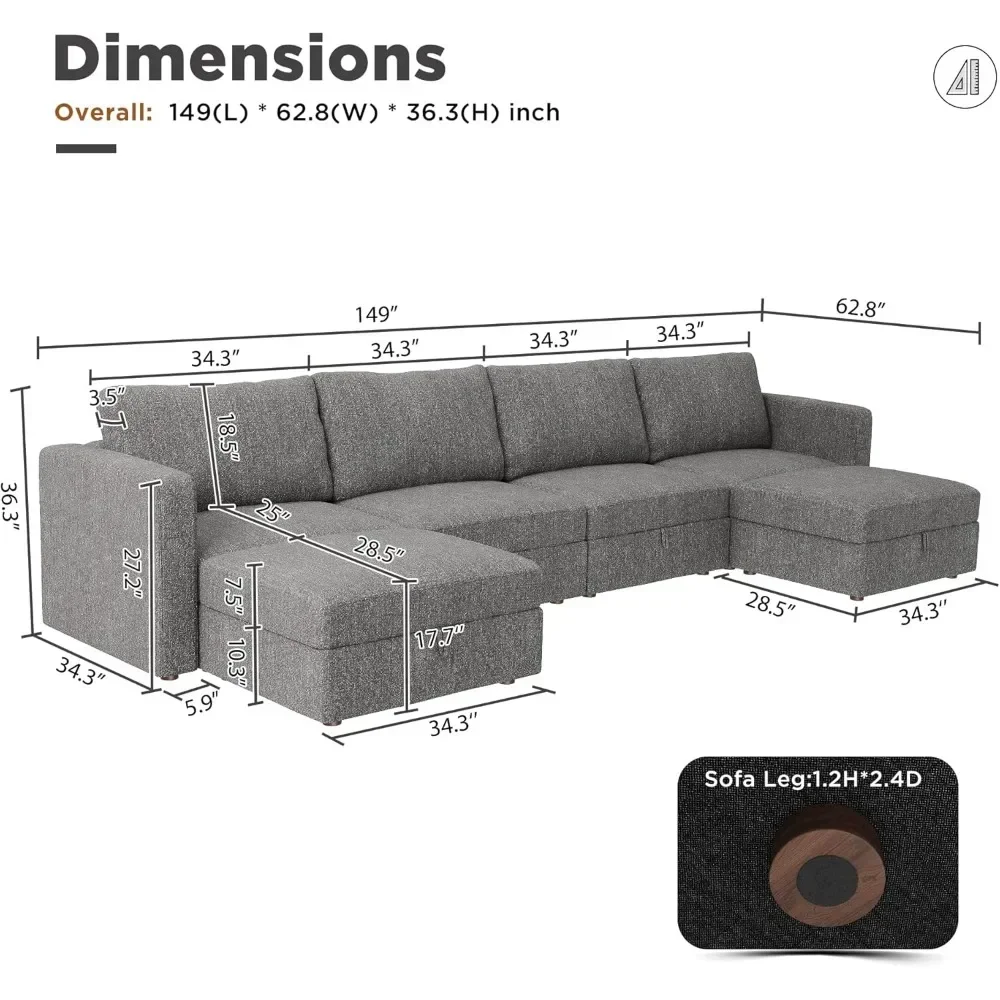 Reversible Modular Sectional Couch U Shaped Modular Sofa with Wide Chaise Oversized Modular Sectional Sofa with Storage Seat