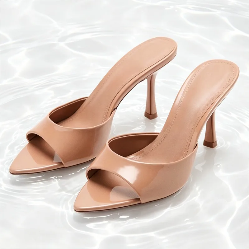 

Comfortable soft-leather pointed-toe heeled sandals for women Sexy open-toe stiletto slide sandals summer Elegant women shoes