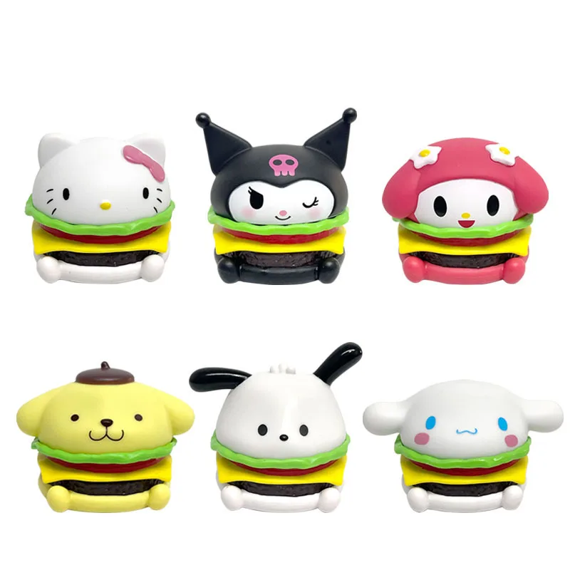 6Pcs/set Sanrio Hamburger Figure Doll Kawaii Cinnamoroll Hello Kitty Kuromi Melody Decoration Model Desktop Toy Car Ornament