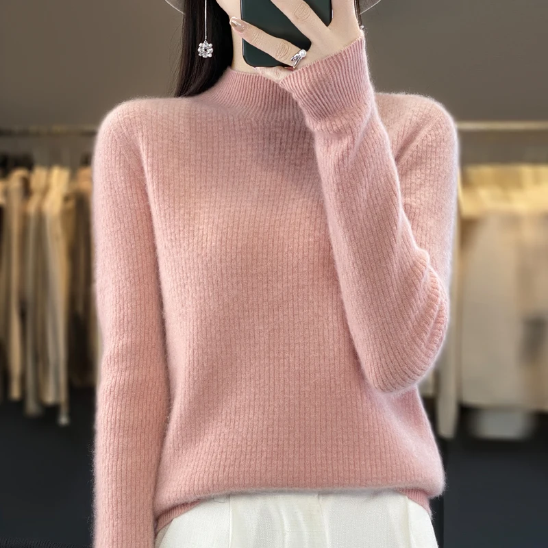 New women's sweaters in autumn and winter cashmere knitting 100% pure merino sweater long sleeve semi-turtle neck.