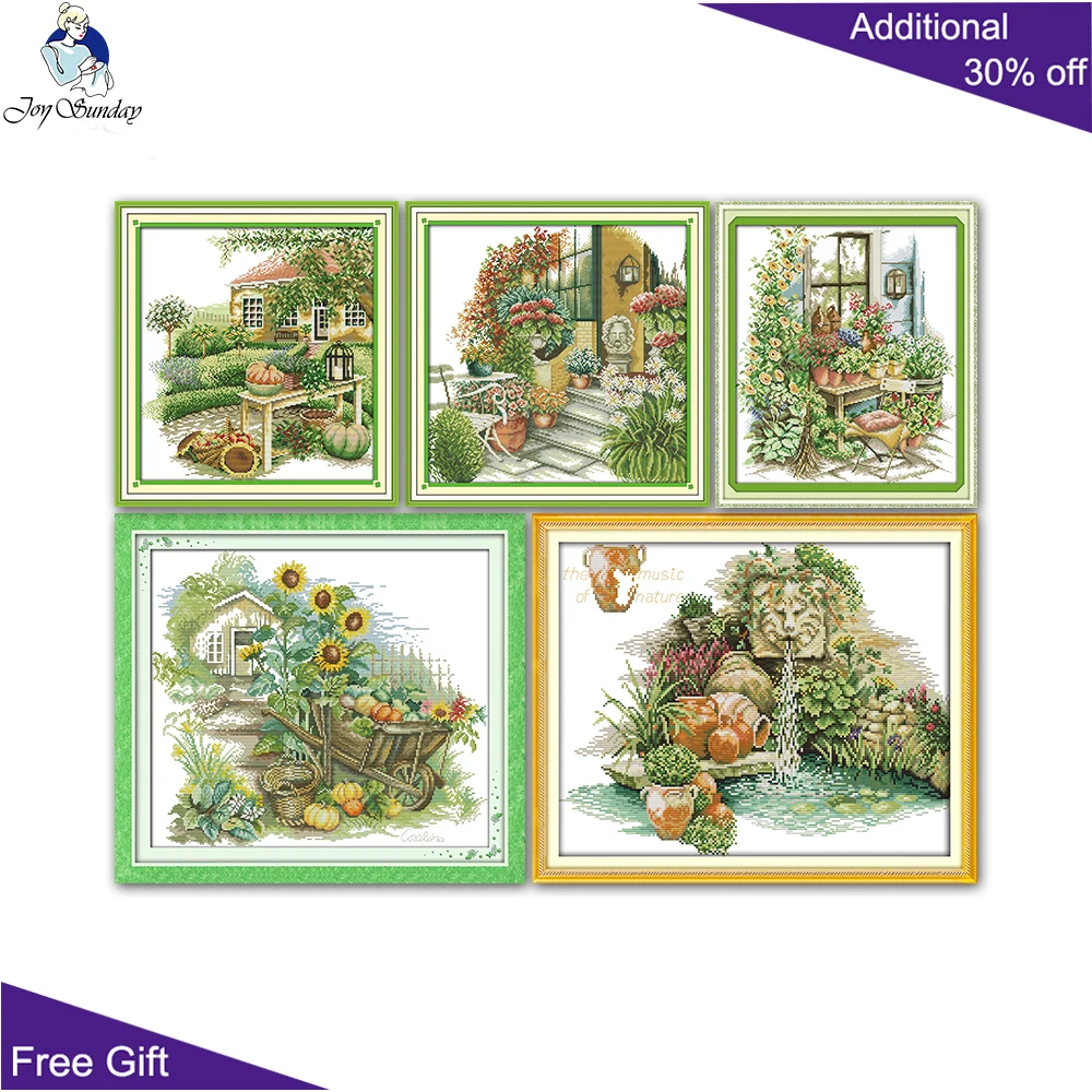 Joy Sunday Little Float The Leisurely Courtyard Green Home The Pool Spring Garden Cross Stitch، F308، F443، F481، F539، F693