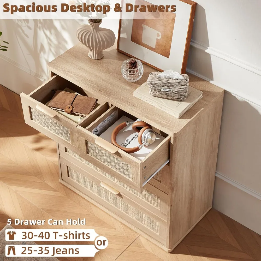 خزانة روطان لغرفة النوم، خزانة ذات أدراج بطول 33.5 بوصة، خزائن بوهو حديثة ذات 5 أدراج مع مساحة تخزين، خزانة خشبية من خشب البلوط الخفيف