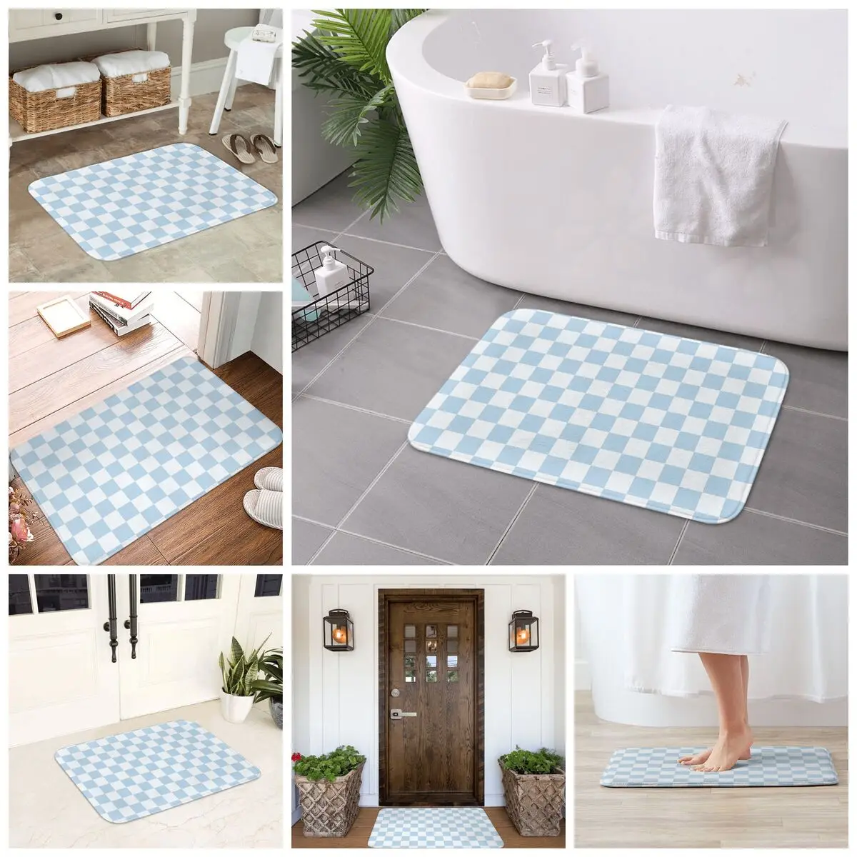 

Голубой нескользящий коврик с эстетическим клетчатым узором, напольный коврик, противоизносный ковер для кухни, вход, балкон, коврики для ног
