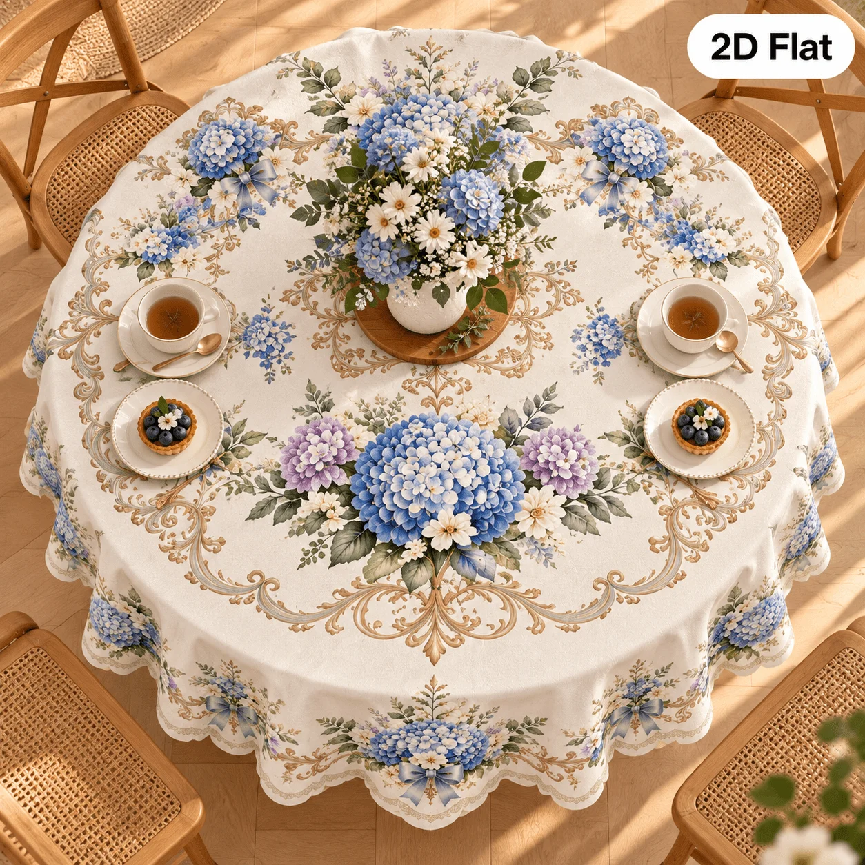 1pc French-style vintage blue and purple hydrangea round tablecloth, suitable for Easter, Mother's Day, and birthday parties