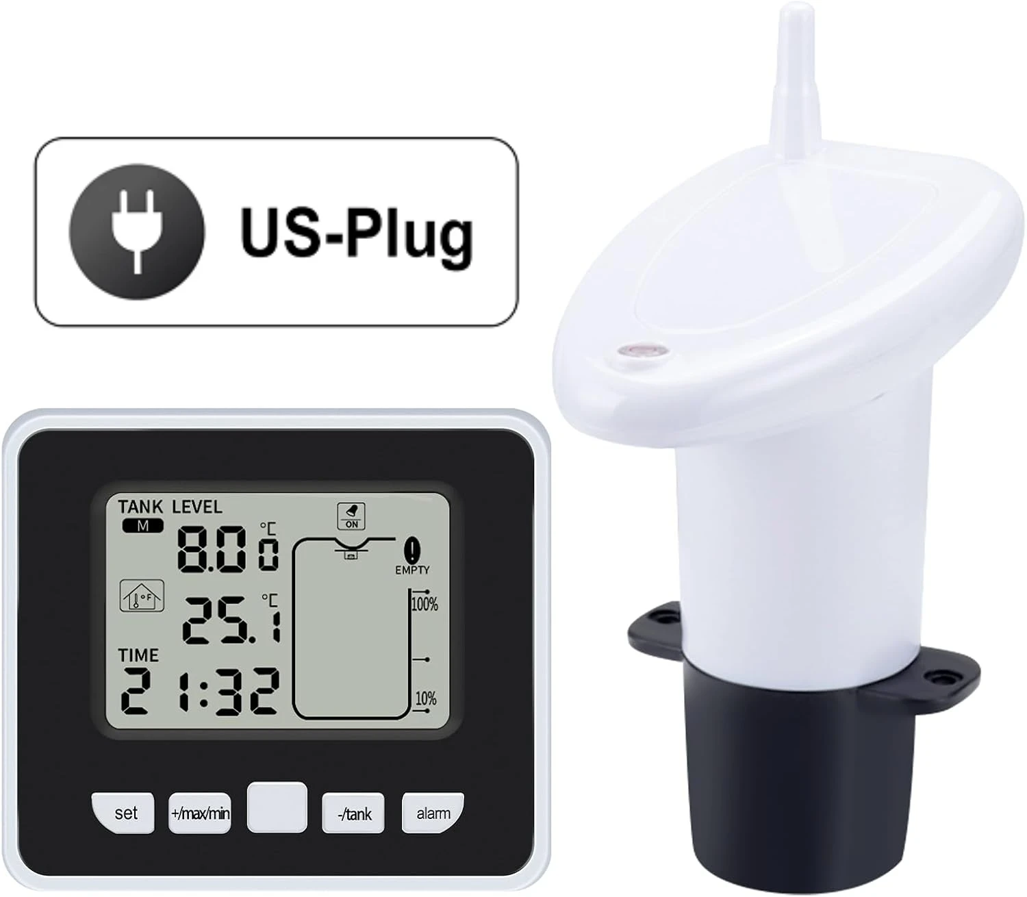 Ultraschall-Flüssigkeitsstandmessgerät für den kabellosen Wassertank mit Temperatursensor, Echtzeit-LCD-Display, Hi/Low-Alarm, Min./Max. Aufnahme für Zuhause