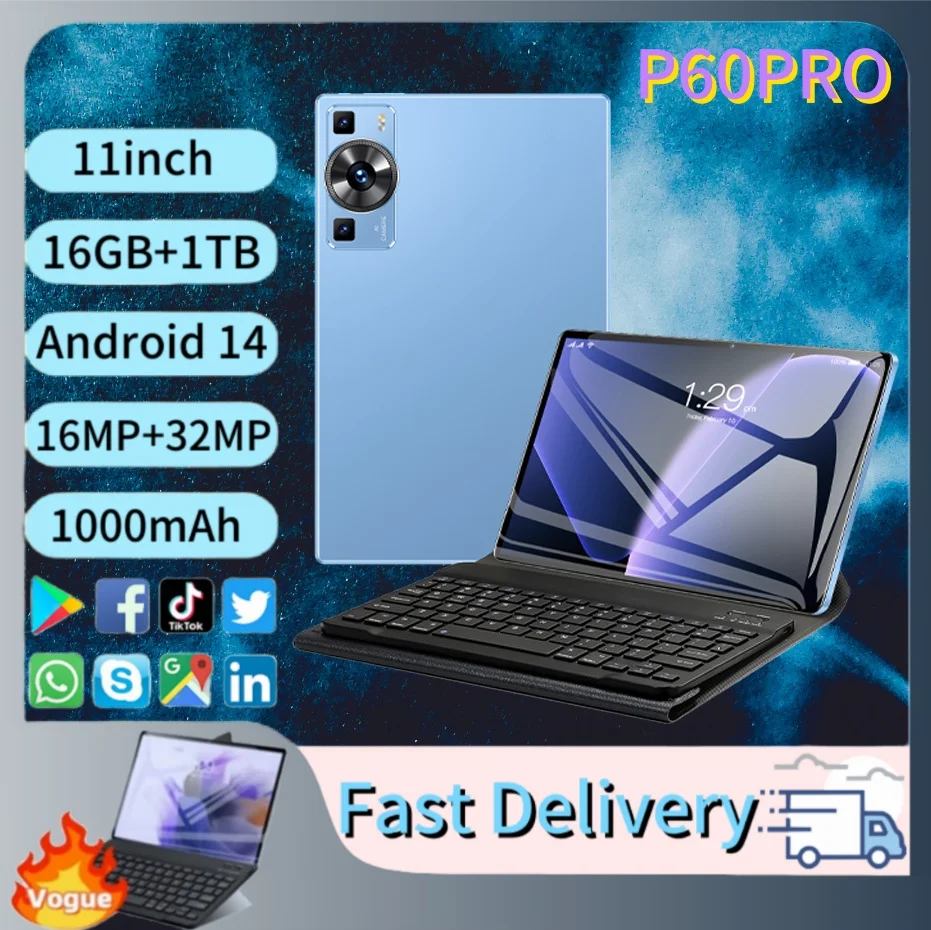 New P60 Pro HAUWEI Tablet Android14 16GB+1TB 11-inch 16MP + 32MP Bluetooth 5.0 5G WIFI Dual SIM Dual Hold Office Business Laptop