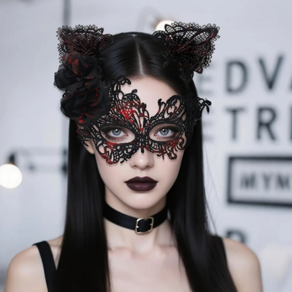 Conjunto de máscara de fantasia sexy meia face máscara de renda máscara de máscaras elegante orelha de gato bandana para dança role play concurso festa de halloween