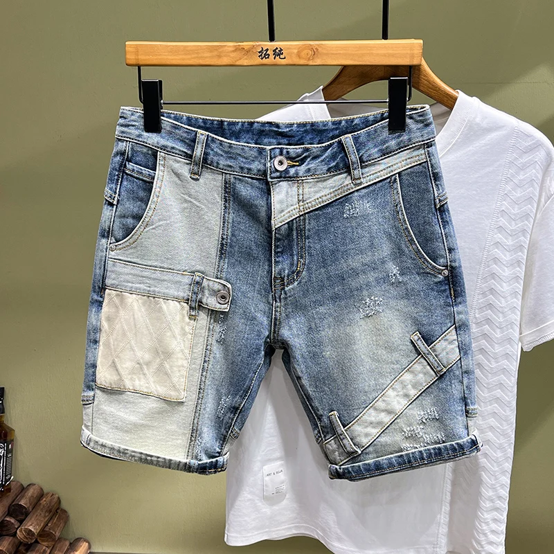 

Summer Designer Fashion Men Jeans Retro Blue Stretch Slim Fit Ripped Short Jeans Hombre Spliced Patched Hip Hop Denim Shorts Men