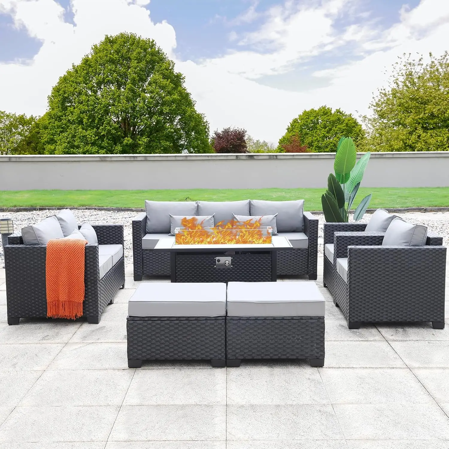 Outdoor Propane Furniture Sets, Fire Pit Table, Patio Furniture Set, No-slip Cushions, 7 Pcs, 60000BTU, 45