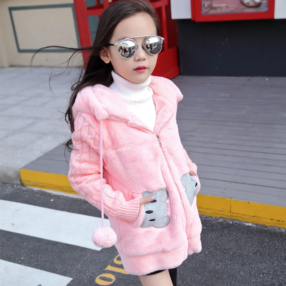 Winter Teenager Girls Woolen Outerwear Coat Rabbit Bear Jacket Hooded Children Thick Sweater Velvet Overall Clothes for 4 6 8 12