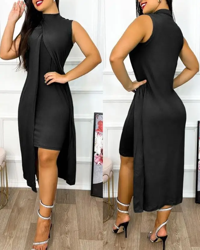 Dresses for Women 2025 Summer Fashion Keyhole Neck sleeveless Cutout O-Ring Decor Split Slit Asymmetrical Hem Midi dress