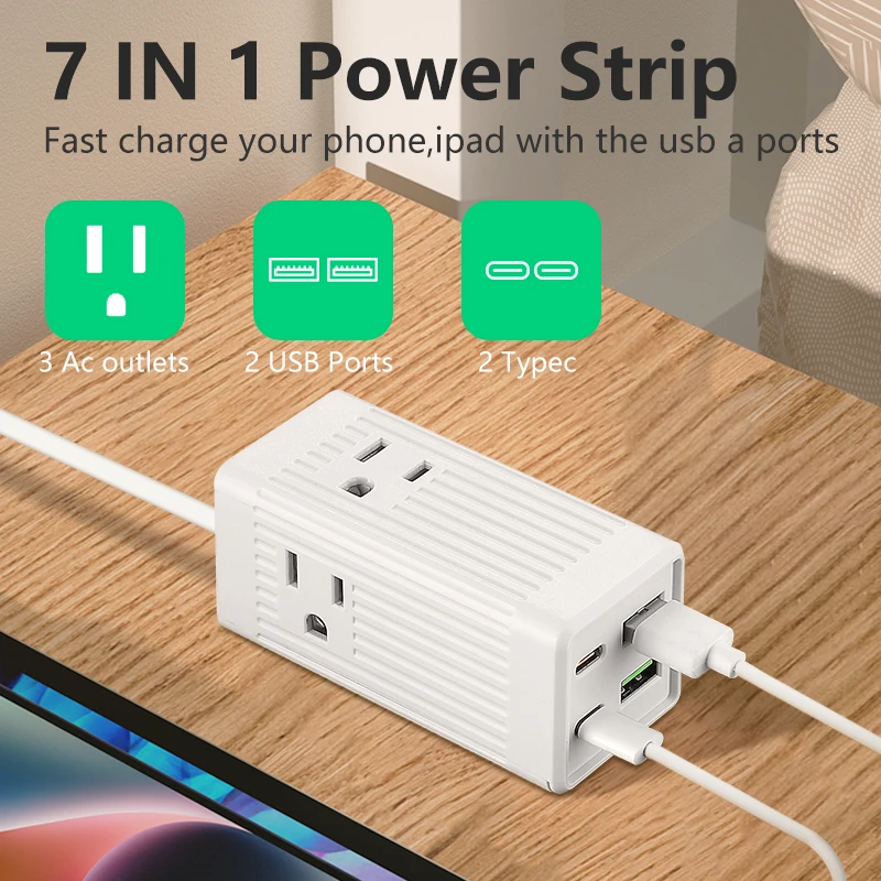 American standard power socket, US style extension plug, 2 USB ports, 1 Type-C interface, 1.5-meter extension cord, 3 universal