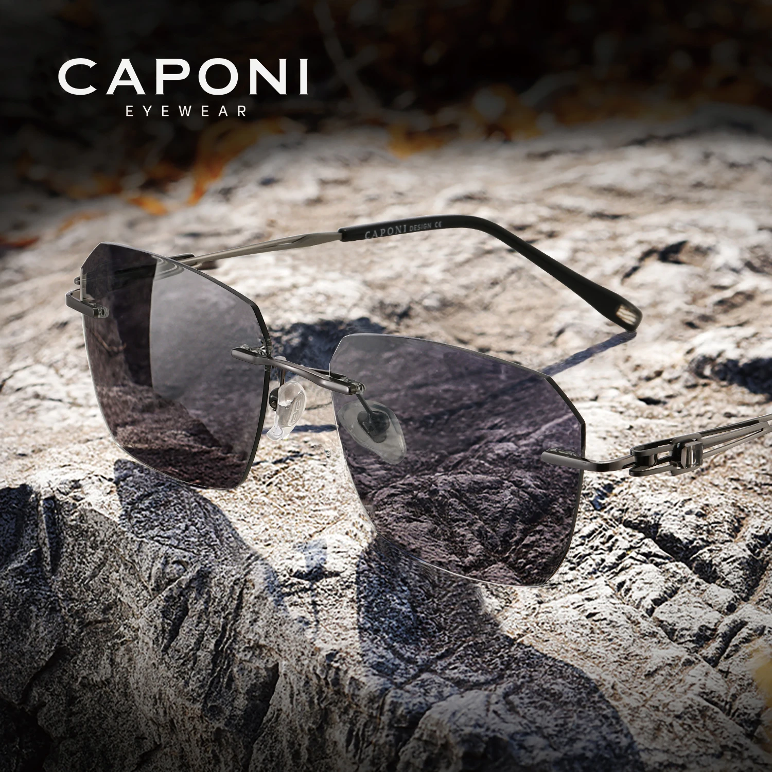 CAPONI Sunglasses Men Polarized Outdoor Ultra Light Pure Titanium Black Sunglasses Original Designer Photochromic Shade BS23503