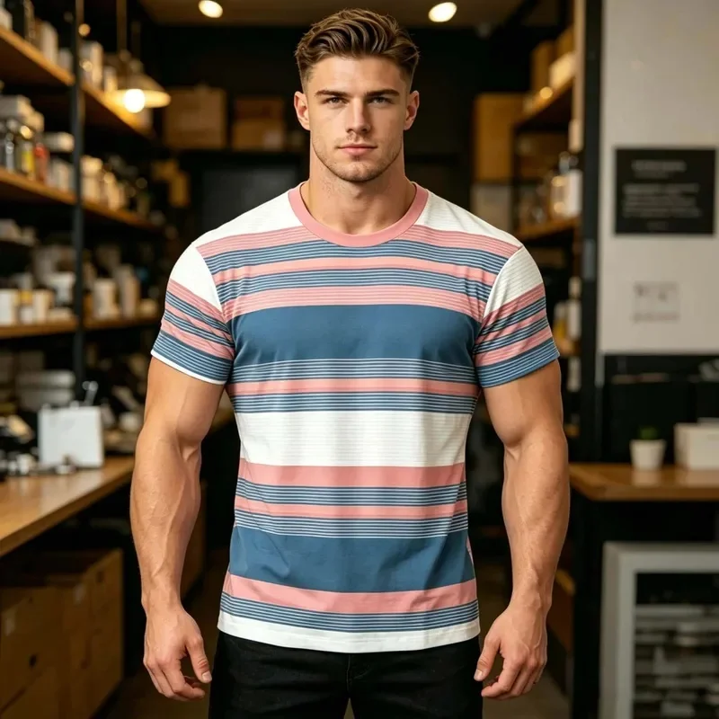 Retro Men's Color Block Horizontal Stripe T-Shirt in Pink, Blue, and White with Contrast Design, Perfect for Urban Office and Ca