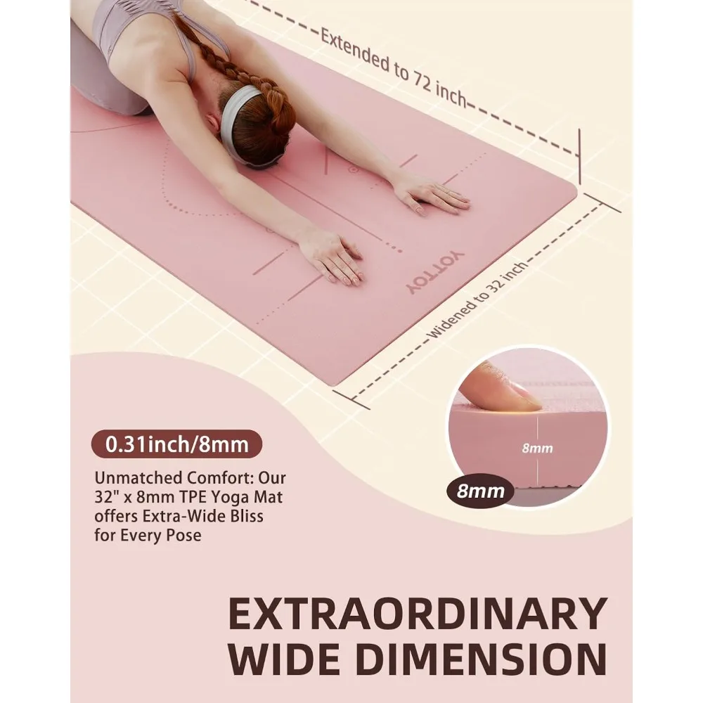 سجادة يوجا TPE واسعة جدًا غير قابلة للانزلاق مقاس 72 × 32 بوصة مع حقيبة حزام للتمرين المنزلي واللياقة البدنية