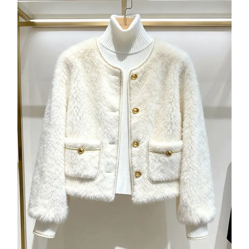 New High End Fashion Fuzzy Women's Coat Autumn Winter Elegant O-neck Long Sleeve Small Fragrant Jacket Office Lady Outwear