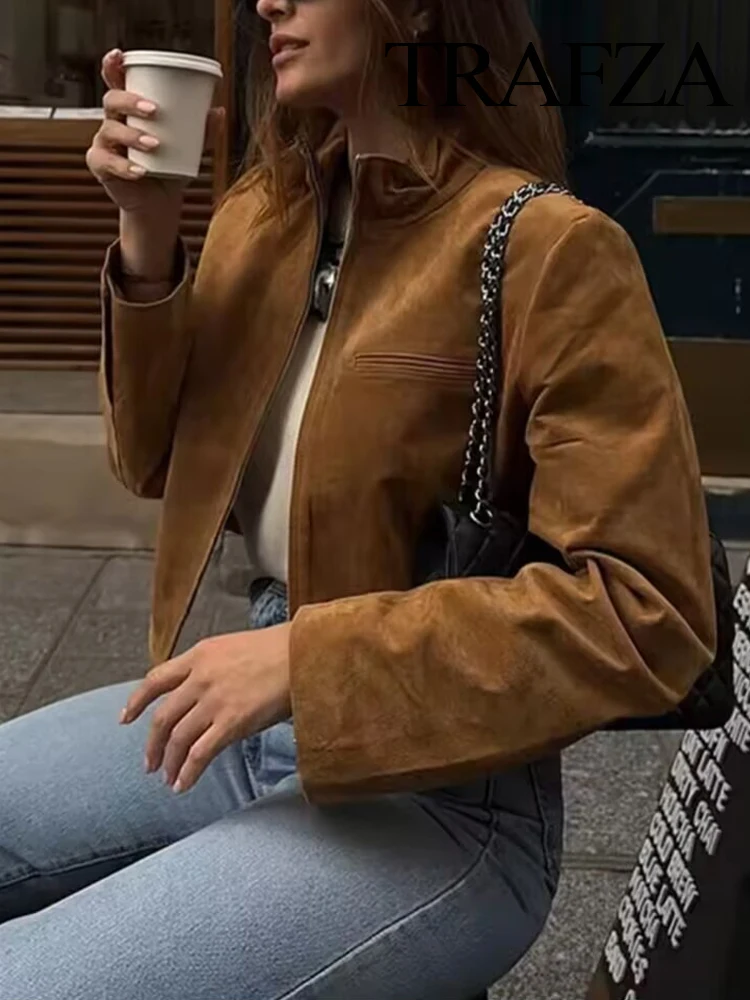 

TRAFZA Female New Fashion Slim Pocket Short Jackets Solid High Collar Long Sleeves Zipper Woman's Autumn High Street Coat