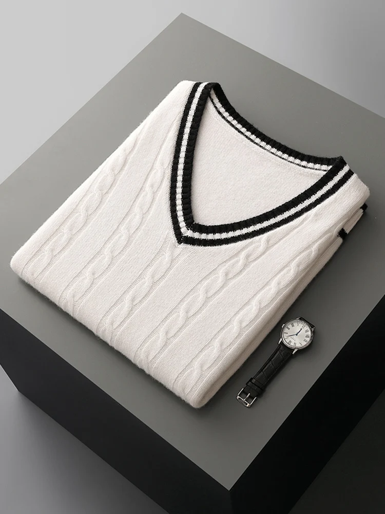 Chic Preppy Style Men's Pullover Vest Autumn Winter 100% Merino Wool Sleeveless Knitwear Thick V-Neck Casual Sweater Waistcoat