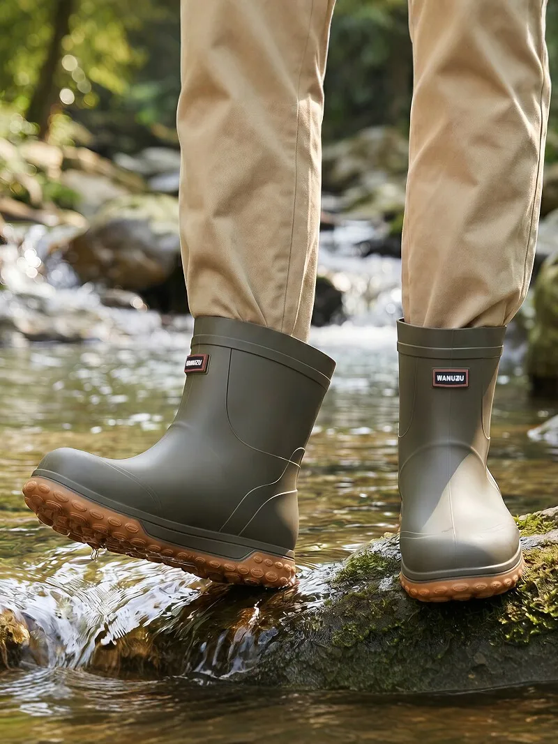 Men's Mid-Calf Rain Boots Thick Bottom Fishing Outdoor Waterproof Non-Slip Shoes Soft Bottom Rubber Rain Boots for Delivery R...