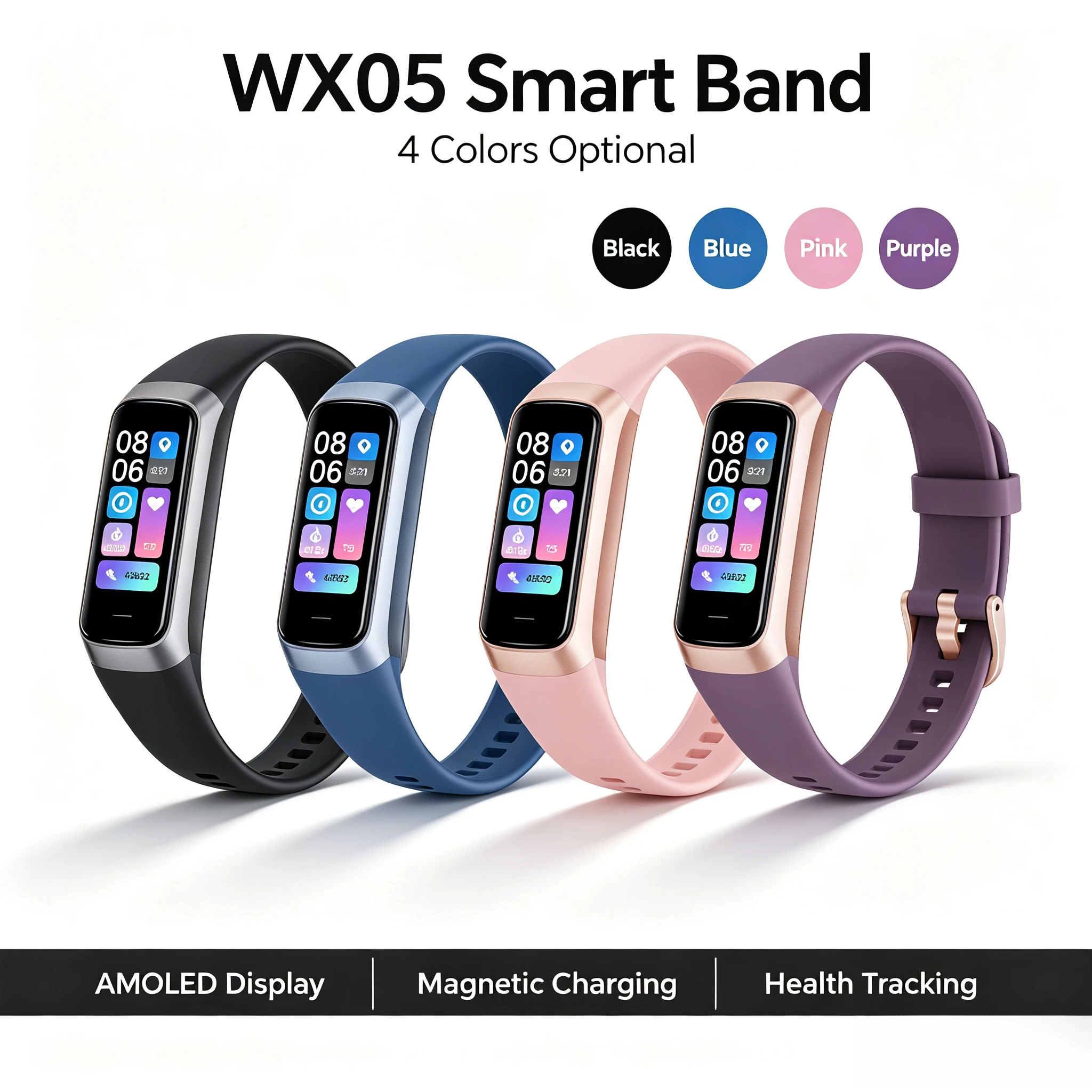 Smart Band, 4 colori, schermo AMOLED touchscreen, fitness tracker, ricarica magnetica, braccialetto intelligente Bluetooth, monitoraggio della frequenza cardiaca e dell'ossigeno nel sangue, per uomo e