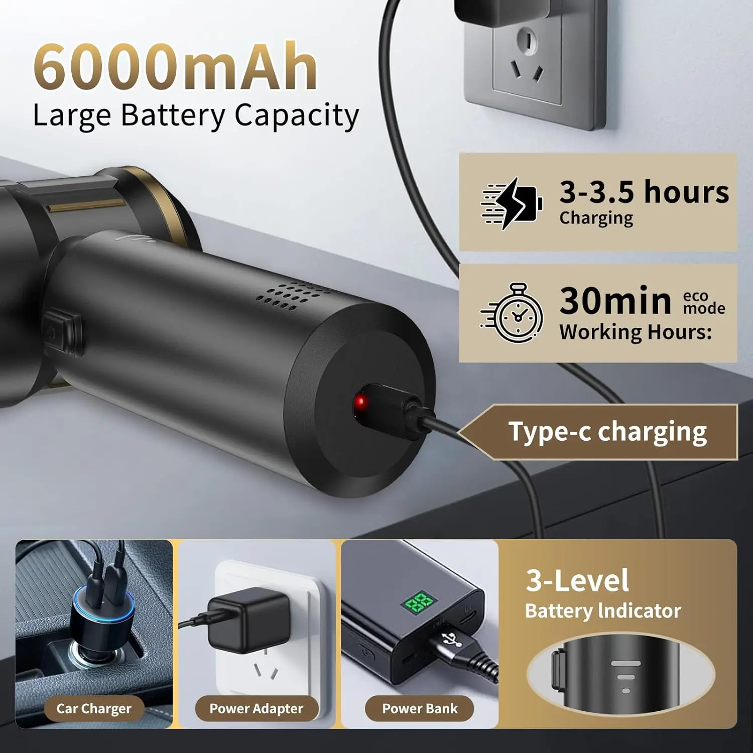 ABS-materiaal Auto-droogstofzuiger op batterijen 120W Handheld draadloze borstelloze motor Elektrisch brilietype voor reiniging