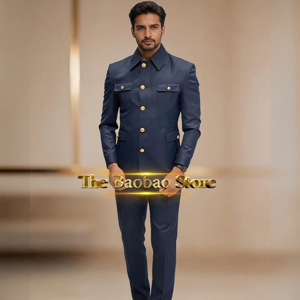 Mens Navy Blue Suit 2 Piece Suit Jacket Pants Set Formal Male Safari Outfit for Wedding Party Celebration Prom Evening Events
