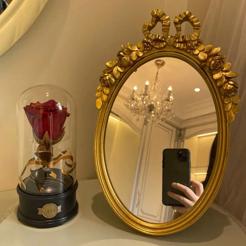 

European Style Resin Bow Mirror Bathroom Mirrors Dressing Table Makeup Mirror Wall Mount Carving Espejos Espelho Para Banheiro