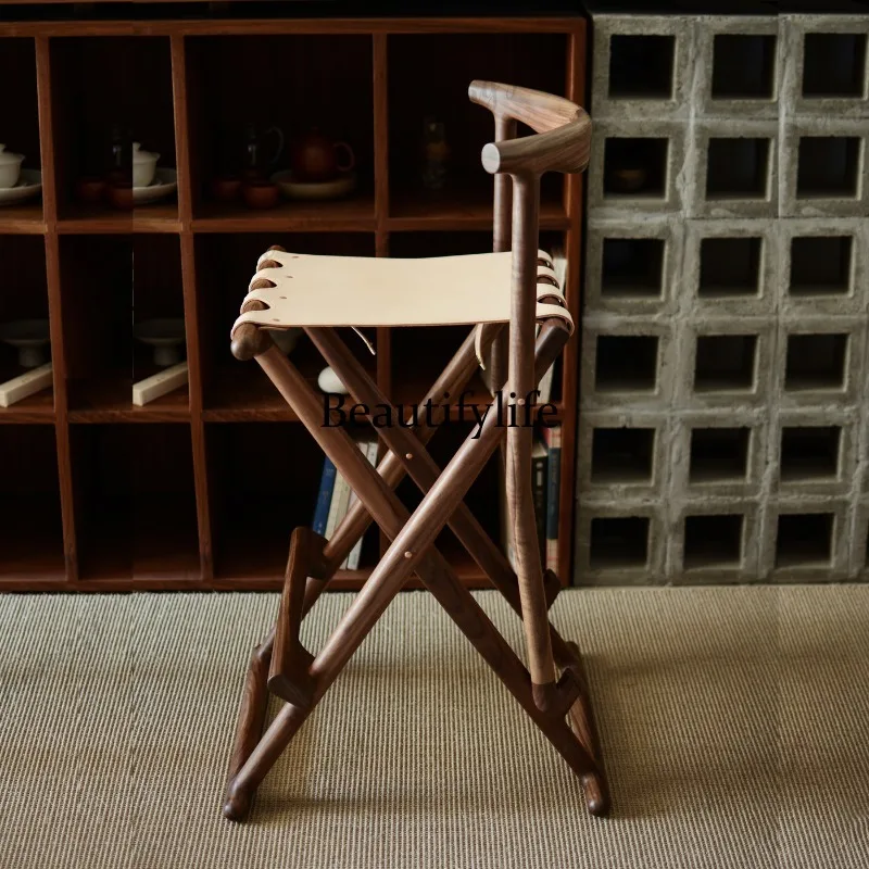 Nordic retro bar folding chair solid wood high chair casual tea chair cowhide sitting surface