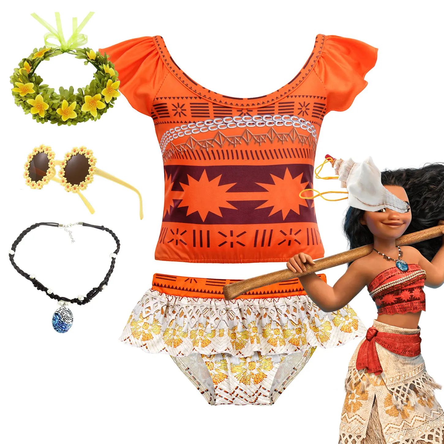 

2025 Summer Time Swimming Suit for Little Girl Princess Beach Bikini Two Pieces Moana Inspired Ruffled Suspendered Swimsuit