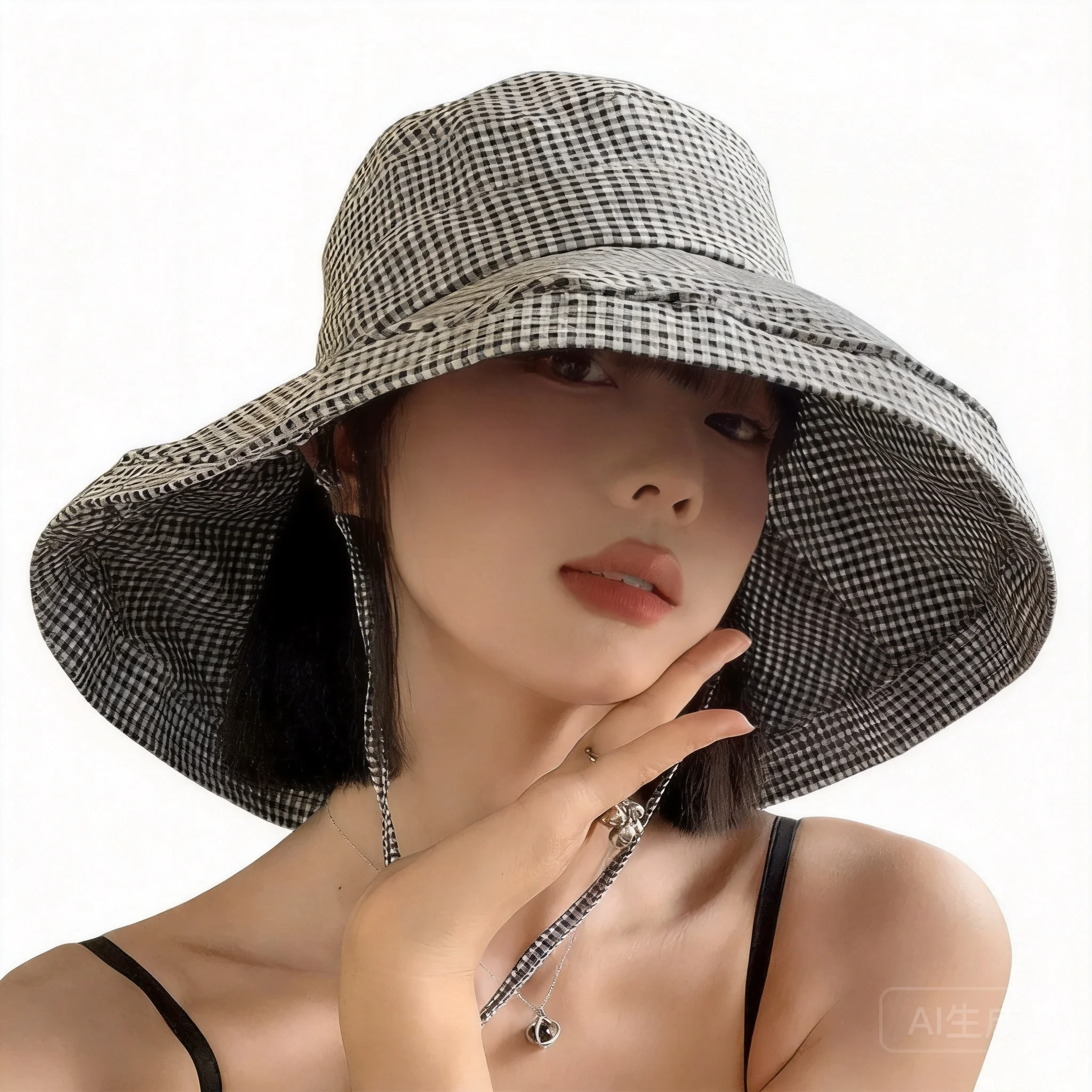 Gingham Wide Brim Bucket Hat For Women 100% Cotton Uv Protection Summer Sun Hat Face Covering Outdoor Beach Cap Multiple Colors