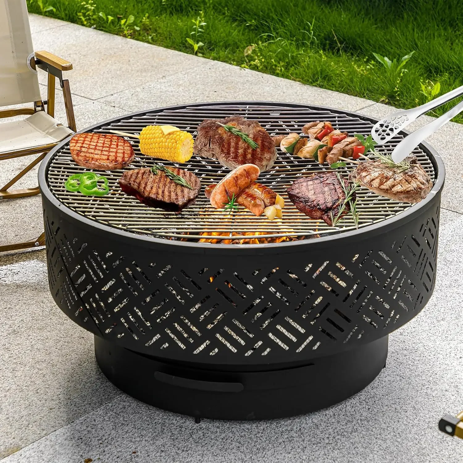 32 Inch Wood Burning Fire Pits with Grill & Lid | Fire Pit Table for Outside with Waterproof Cover & Fire Poker, Outdoor Firepit