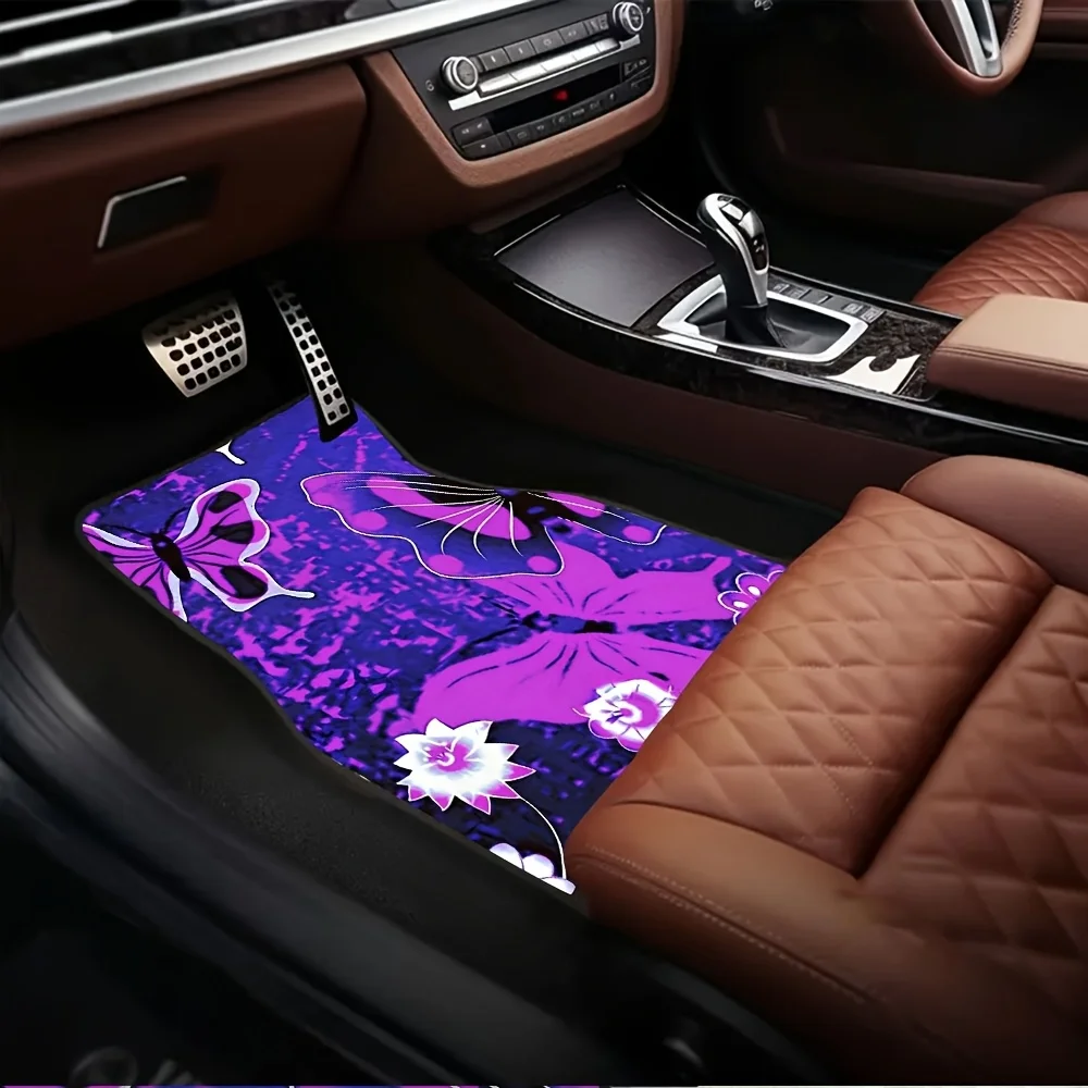Four Purple Patterned Car Floor Mats, Front And Rear Covers, Made Of Non-Slip Material, Suitable For Car, Truck, And SUV Interio