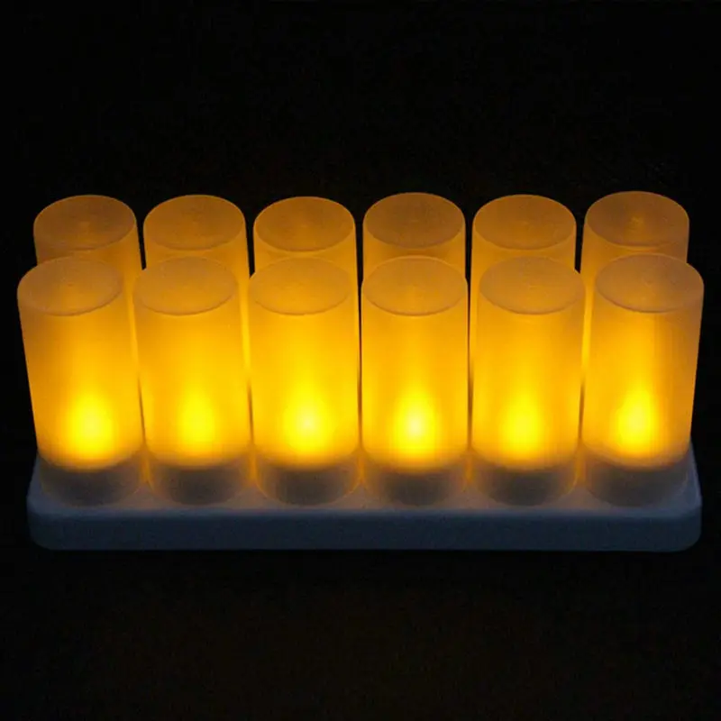 12Pcs เทียน LED หลอดไฟแบบชาร์จไฟได้กะพริบจำลองเทียนเปลวไฟชุด Night Light TeaLight Party ตกแต่งบ้าน