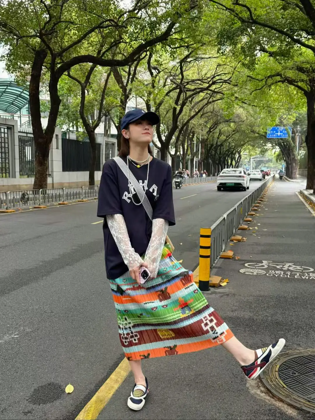 

New Color Half-length Pleated Skirt Three Zha High-waist A-line Midi Skirt Commuter Style Polyester Fiber Printed Summer 2025