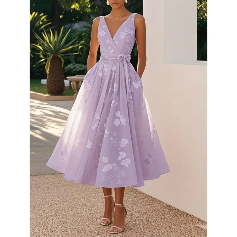 Chic Sexy V Neck Bow Lace Up Womens Party Dress Summer Casual Pleated Boho Dresses Elegant Vacation Sleeveless A-Line Long Dress