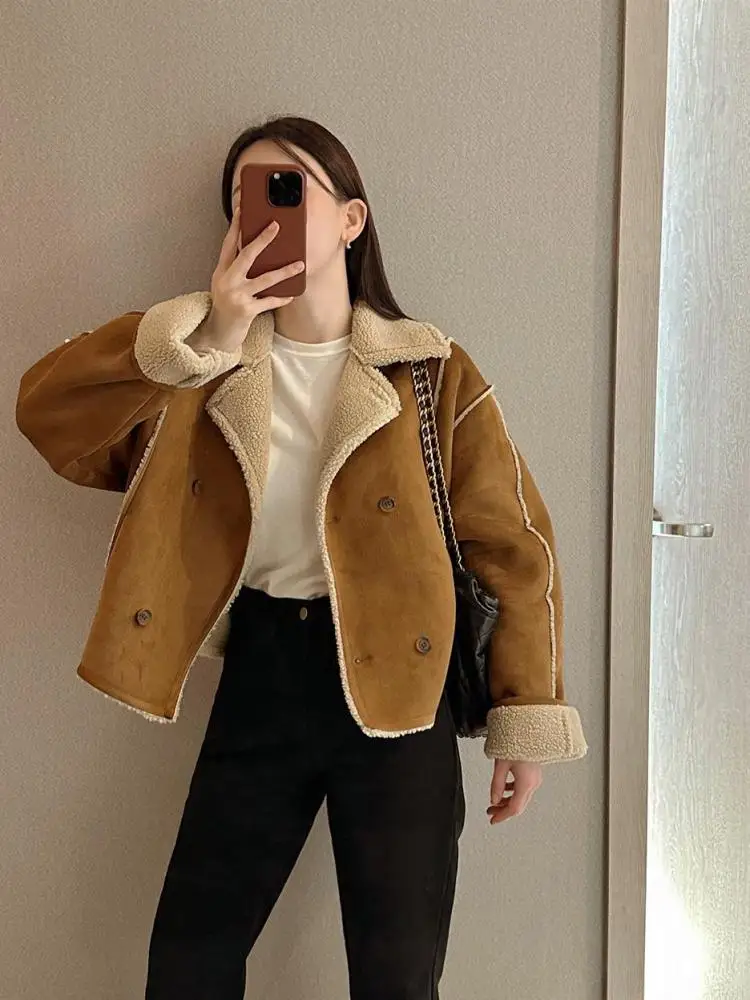 

Корейская винтажная зимняя плюшевая куртка цвета хаки с длинными рукавами, женская осенне-зимняя коричневая элегантная двубортная универсальная короткая куртка, шикарное