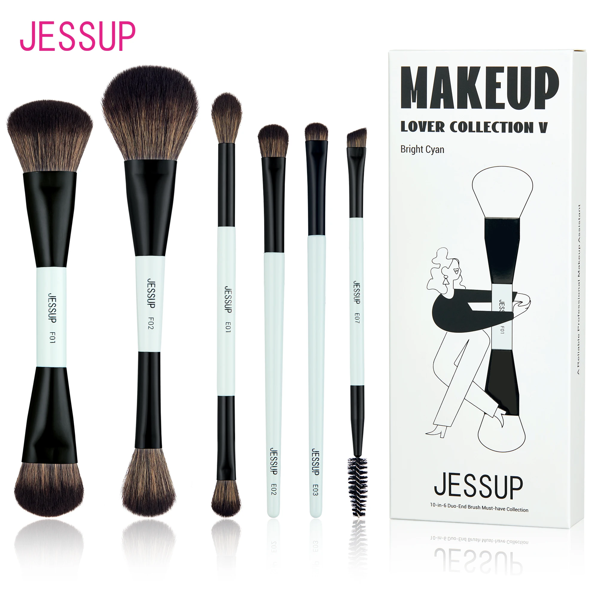 Jessup Zestaw pędzli do makijażu Dwustronne pędzle do makijażu Podkład Contour Blush Blending Eyebrow Shadow, Fiber Bright Cyan T501