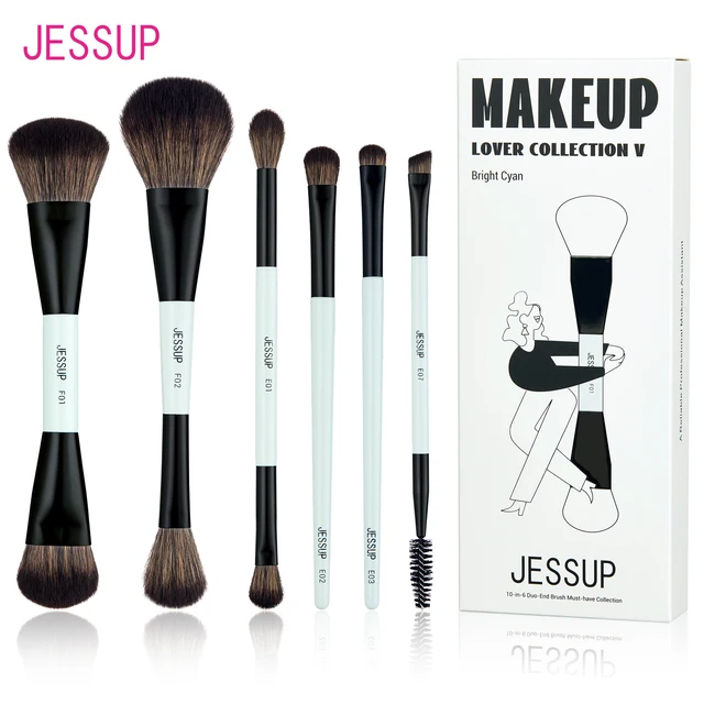 Jessup Zestaw pędzli do makijażu Dwustronne pędzle do makijażu Podkład Contour Blush Blending Eyebrow Shadow, Fiber Bright Cyan T501