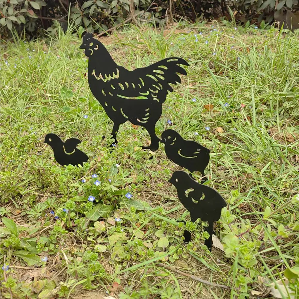 4Pcs Black Chicken Sign Easter Pathway Chicken Sign Outdoor Metal Animal Silhouette Card Garden Art for Yard Patio Lawn Pathway