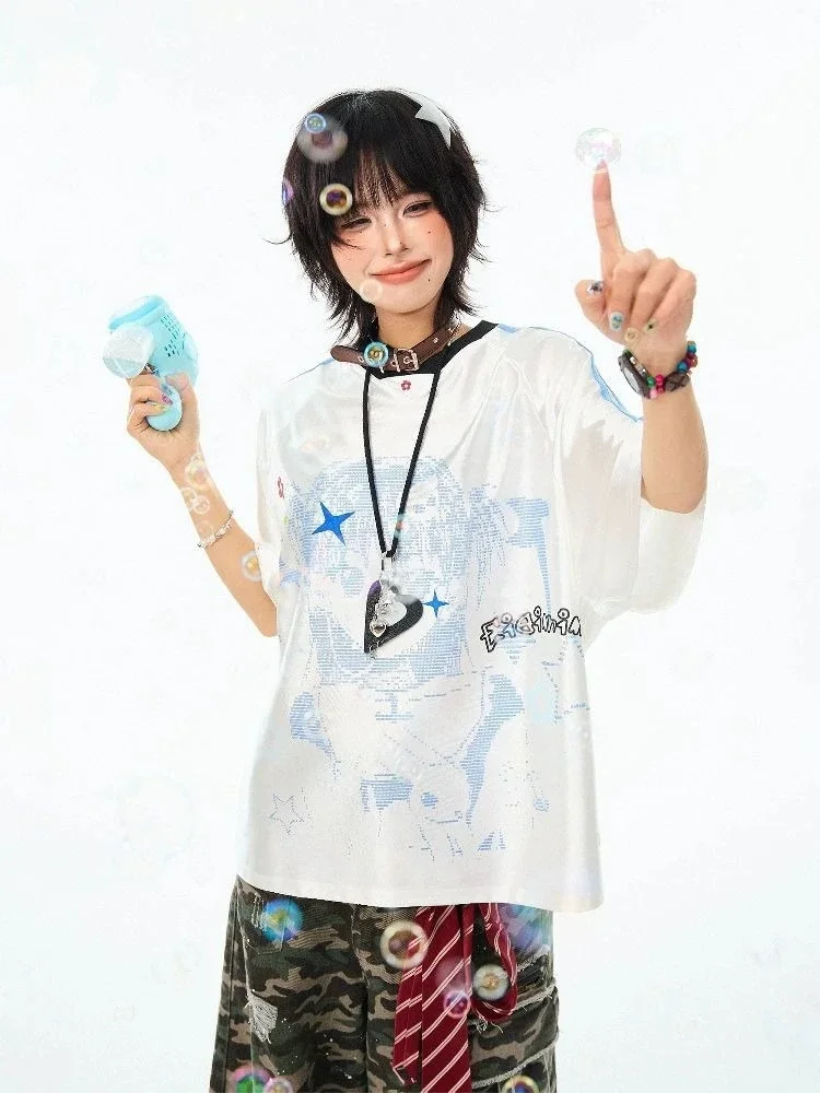 الصيف اليابانية القوطية أنيمي الكرتون طباعة تي شيرت تقليدي المرقعة الشارع الشهير القمم Harajuku انخفاض الكتف بلايز فضفاضة غير رسمية