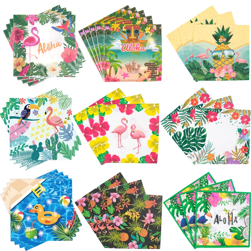 

20pcs Hawaiian Luau Disposable Paper Napkin Flamingo Palm Leaf Hawaiian Party Supplies Summer Pool Beach Party Tissue Favors